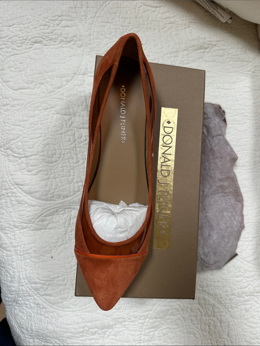 NIB Donald J Pliner Nerina Orange Suede Lucite Demi-Wedge Flats